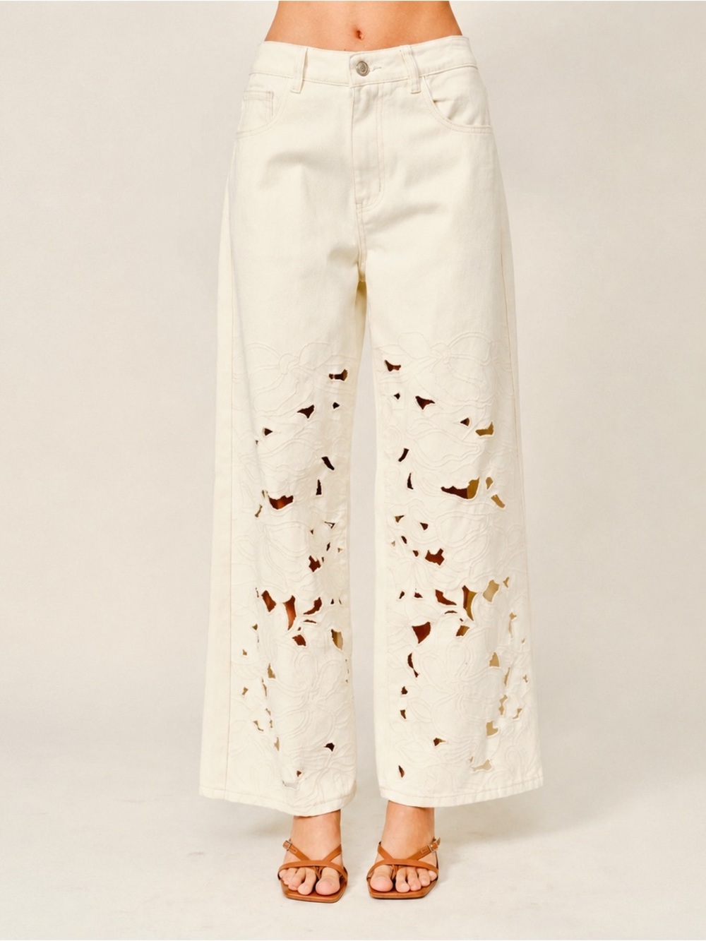 High-Rise Ivory Embroidery Cut-Out Wide-Leg Jeans - Women's